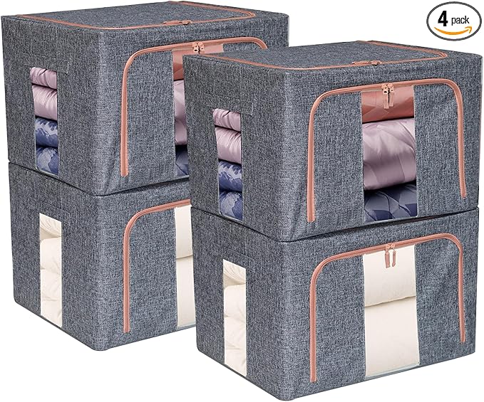 Linen Clothes Storage Bins, 4PCS Sturdy Closet Organizers and Storage Bin with Metal Frame, 2 Opening Ways Fabric Visible Lidded Storage Box for Organizing Clothing,Jeans,Sheets (4PC Gray, 60Liters)
