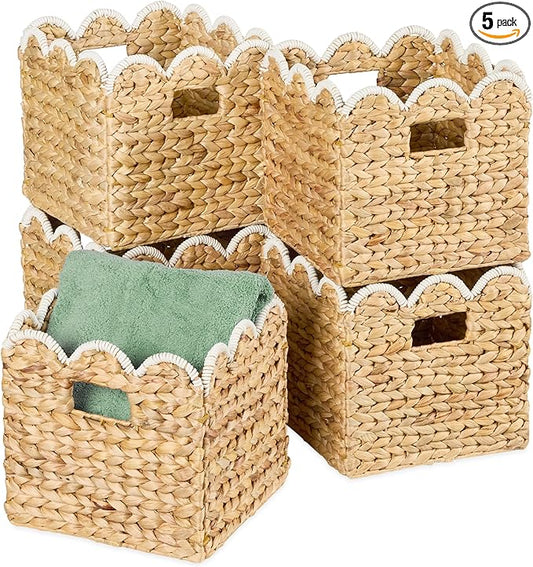 Best Choice Products 13 x 13in Scalloped Hyacinth Baskets, Rustic Set Of 5 Multipurpose Collapsible Storage Organizer, Handwoven Laundry Totes for Bedroom, Living Room, Shelves - Natural w/White Trim