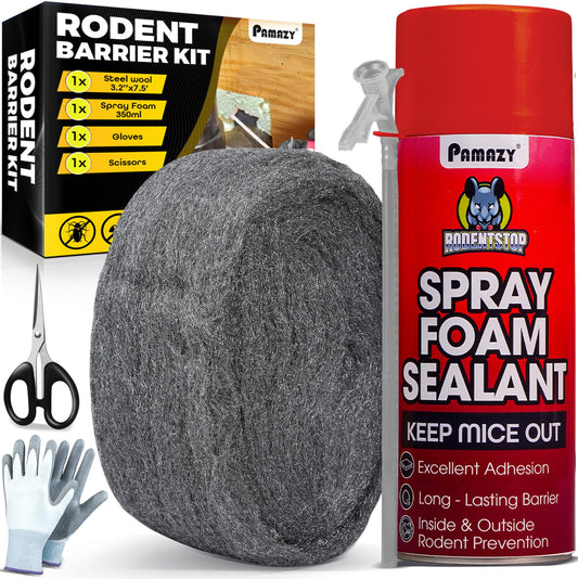 [Upgraded] Rodent Barrier Kit, Steel Wool Included PU Spray Foam Hole Filler for Mice Control 3.2"x7.5â Rodent Control Fill Fabric, Gloves, Scissors,Gap Blocker in Hole Pipeline Vent in House, Garage