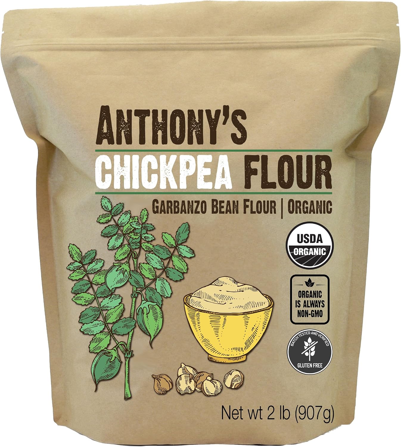 Anthony's Organic Chickpea Flour, Garbanzo Bean Flour, 2 lb, Gluten Free, Non GMO