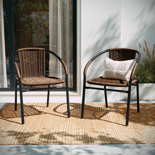 EMMA + OLIVER Set of 2 Modern Rattan Indoor/Outdoor Stack Chairs, Stacking Rattan Patio Chairs with Curved Back and Cross Bracing, Brown