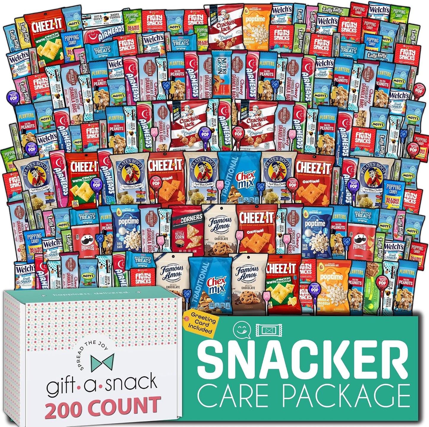 Gift A Snack - Fathers Day Treats Snack Box Care Package Variety Pack + Greeting Card (200 Count) Birthday Sweet Treats Gift Basket Candies Chips Crackers Bars Office Food Assortments & Variety Gifts