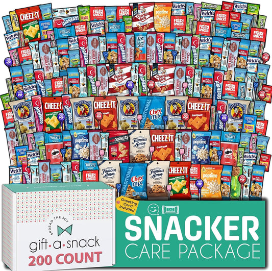 Gift A Snack - Fathers Day Treats Snack Box Care Package Variety Pack + Greeting Card (200 Count) Birthday Sweet Treats Gift Basket Candies Chips Crackers Bars Office Food Assortments & Variety Gifts