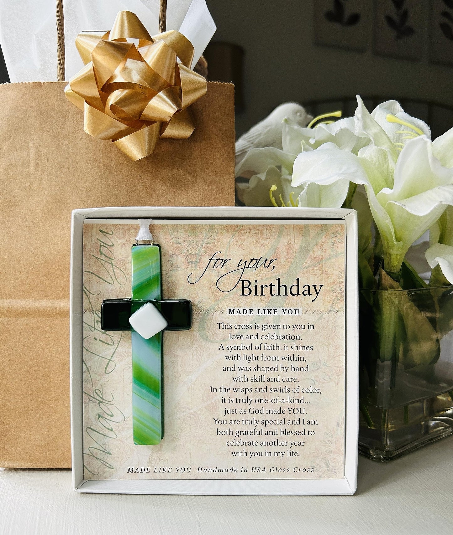 Birthday Cross - Handmade in USA Glass Cross with Sentiment - Christian Birthday Gift for Friends/Colleagues/Family