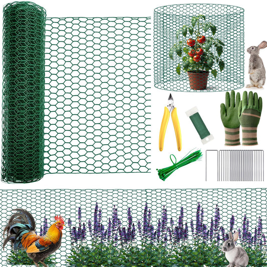 All-in-One 200 Inch Plant Protectors from Animals Kit - 0.85mm Heavy Duty Chicken Wire Cloche,Free-Cut Wire Mesh Roll Includes Pliers, Gloves, Ties, Stakes for Custom Outdoor Cages (12 * 200 Inch)
