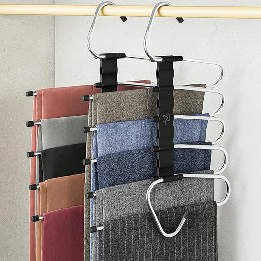 MORALVE Pants Hangers Space Saving - 4 Pack - Non-Slip Multi-Layer Space Saving Hangers - Multifunctional Clothing Rack for Closet Storage - Ideal for Jeans, Trousers, Skirts, Scarves & Slacks (Black)