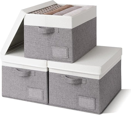 GRANNY SAYS Storage Bins with Lids, Linen Closet Storage Boxes, Collapsibe Storage Bins for Clothes, Storage Containers with Label Holder, 3-Pack, Gray&Ivory