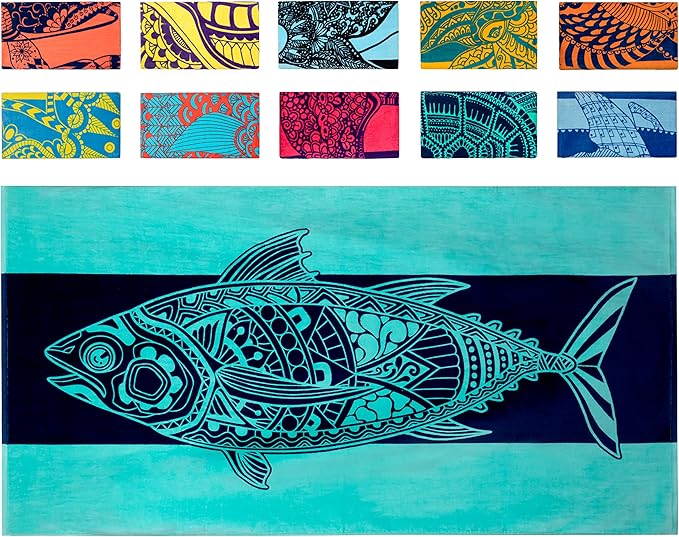 Nova Blue Tuna Fish Beach Towel (34 X 63) â Blue Striped Cotton Beach Towels Made from 100% Cotton â Quick Drying Pool Towel with Tropical Design â Beach Towel Large Oversized