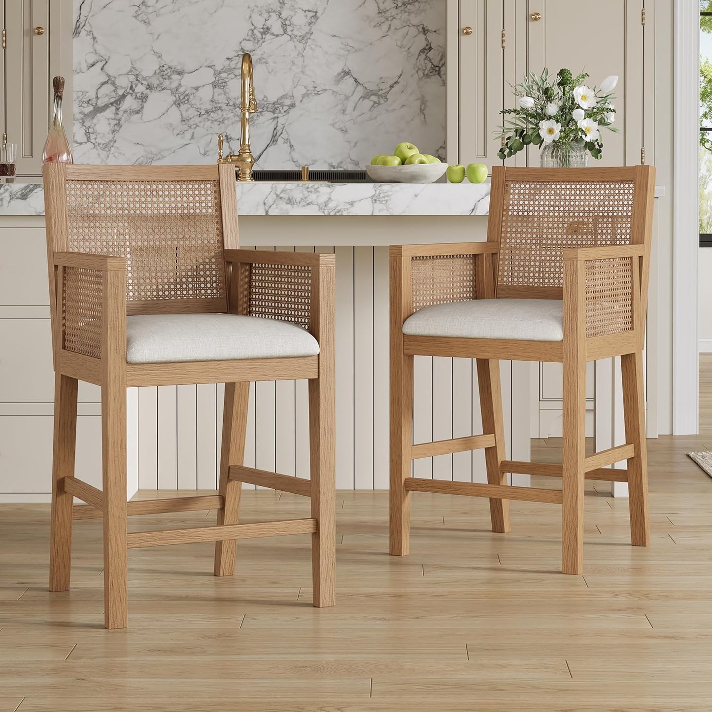 Merax Natural Rattan Counter Stools with Upholstered Cushion Set of 2, 26" Seat Height Counter Chairs with Solid Wood Frame & Handwoven Backrest, French Country Barstools for Kitchen Island, Natural