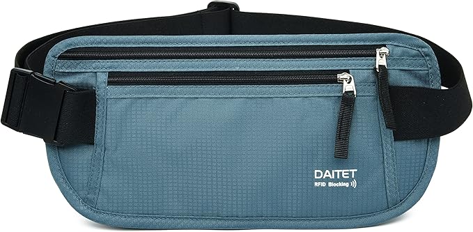 RFID Blocking Money Belt for Men Women, Slim Fanny Pack for Travelï¼Running,Conceal Waist Wallet for Passport Holder,Phone,Cash(Black Turquoise)