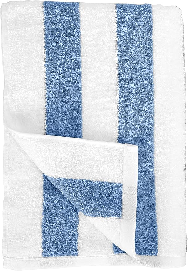 Amazon Basics Soft & Absorbent Beach Towels, 100% Cotton, Cabana Stripe, Machine Washable, Quick Dry, Large 30" x 60", Sky Blue, 2-Pack