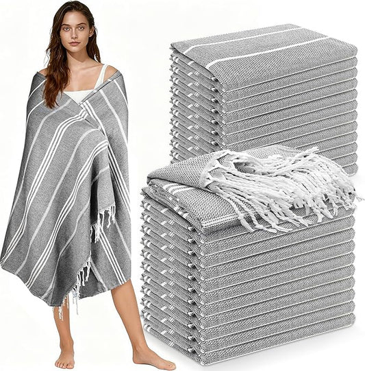 YSYJ 24 Pack Turkish Beach Towel 36"x71" Beach Towels Oversized Bath Towels Sand Free Quick Dry Turkish Towel Bulk Extra Large Pool Blanket Grey