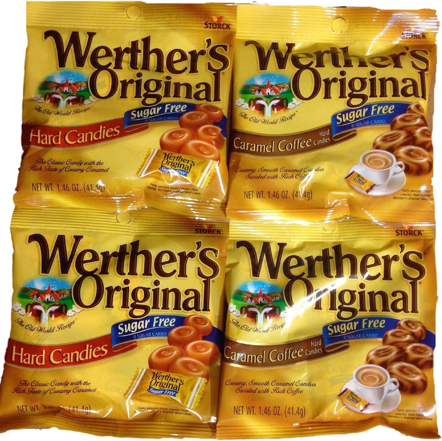 Werther's Original Sugar Free Hard Candies Bundle - Hard Candy & Caramel Coffee Flavored, Individually Wrapped Sugar-Free Treats for Halloween, Parties, or Snacks - Pack of 4 Bags (2 Flavors Each)