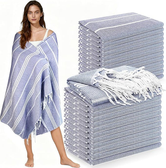 YSYJ 24 Pack Turkish Beach Towel 36"x71" Beach Towels Oversized Bath Towels Sand Free Quick Dry Turkish Towel Bulk Extra Large Pool Blanket Navy
