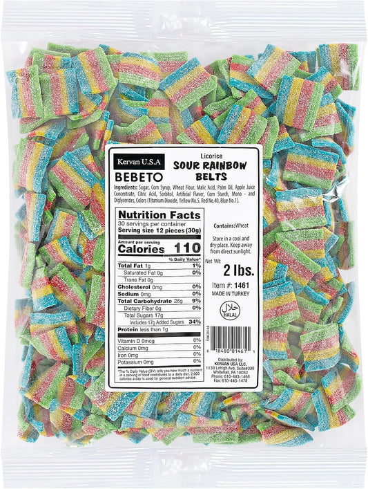 Bebeto Sour Rainbow Licorice Belts Bite Size - Colorful Rainbow Sour Chewy Candy Belts for Kids & Adults | Party & Cake Decoration - 2lbs Bulk Size Candy by Kervan
