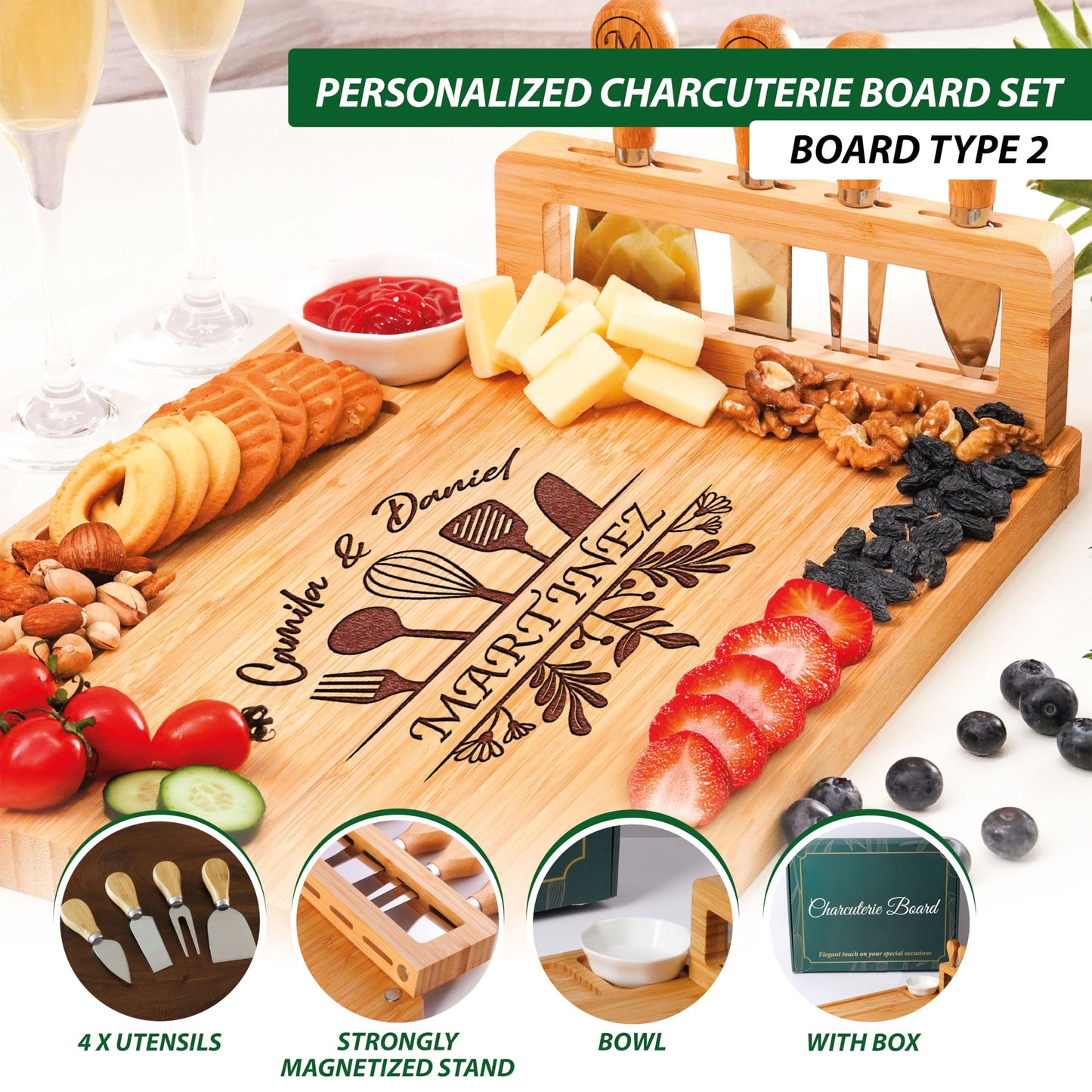 Personalized Charcuterie Board Gifts for Couples – Custom Large Cheese Board with Knife & Utensil Set for Wedding, Anniversary, Birthday, Housewarming, Engagement, Party, New Home, Christmas