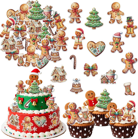 64PCS Edible Gingerbread Cupcake Toppers Wafer Paper Bread Man Christmas Tree Cupcake Toppers for Merry Christmas Theme Party Baby Shower Birthday Decor Supplies