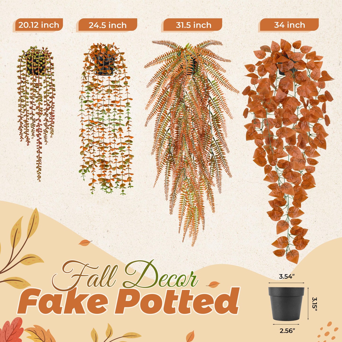Der Rose 4Pcs Fake Fall Plants Hanging Orange Artificial Eucalyptus Plants, Boston Fern, Fake Potho, String of Pearls for Halloween Bathroom Table Centerpiece Wall Mantle Decor Indoor and Outdoor