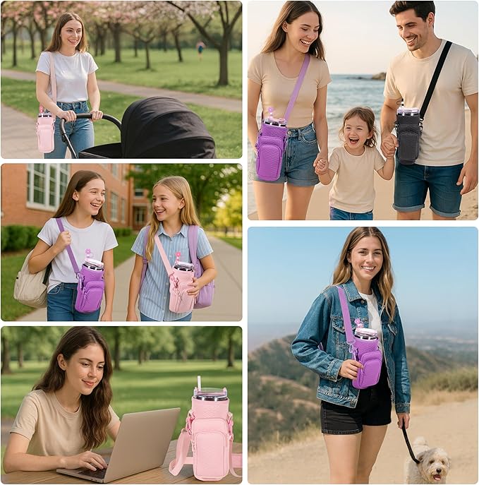 &And Per Se Water Bottle Shoulder Bag for Women, Neoprene Carrier with Phone Pocket & Pink Charm, Adjustable Crossbody Strap Fits Stanley 40oz Tumblers, Gift for Her (Pink)