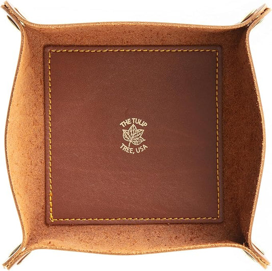 USA Handmade Premium Leather Valet Tray, Folds Flat! Dice Rolling Basket and Organizer with Brass Snaps (Chestnut Gold, Medium)