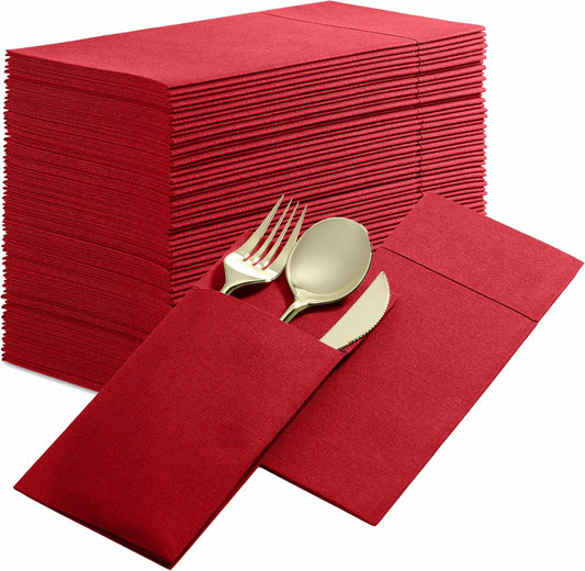 50-Pack Disposable Linen-Feel Dinner Napkins with Built-in Flatware Pocket, BRIGHT RED Prefolded Cloth Like Paper Napkins For Christmas, Dinner, Wedding Or Party [Silverware NOT Included]