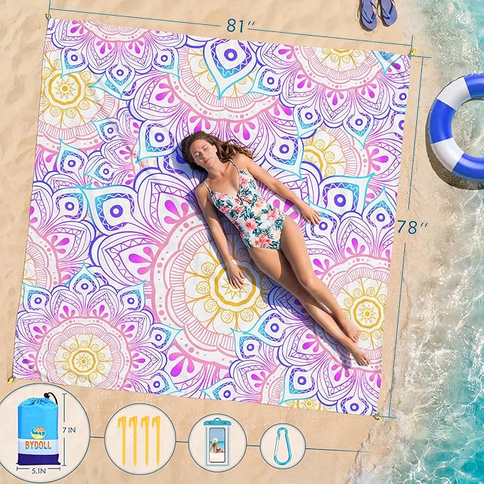 BYDOLL Beach Blanket Waterproof Sandproof 78''×81'' Suits1-4 Adults Compact Lightweight Oversized Sand-Free Blanket Large Picnic Mat for Beach Travel Camping Hiking