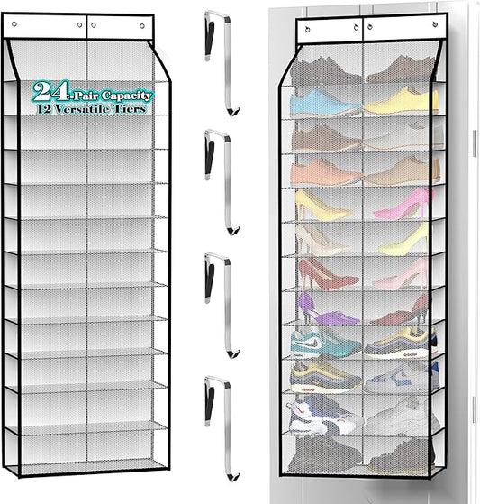 24-Pair Over Door Shoe Organizer for Family & Kids, Double Sided | Hanging Storage for Sneakers, Boots, Toys & Room Organization-Pearl White