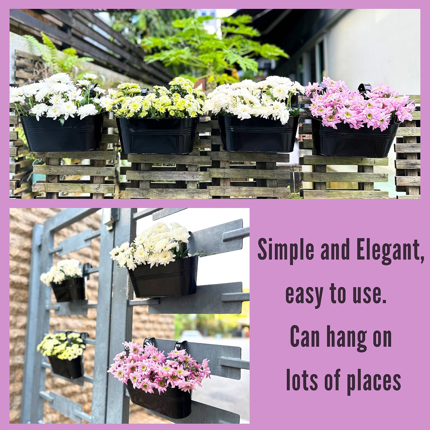 LaLaGreen Bundle- 2 Pack, 17 Inch + 6 Pack, 11.8 Inch Black Metal Pot Hanging Window Flower Box with Hook Modern Boho Style Decor Railings Fence Outdoor Patio Porch Balcony Flower Herb Buckets Garden