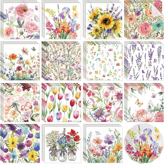 Gueevin 45 Pack Floral Decoupage Napkins 15 Styles Spring Assorted Floral Decorative Decoupage Paper 13 x 13 Inch Colorful Flower Napkins for Crafts Spring Holiday Dinner Table Party Supplies