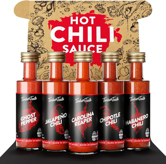 TIMBER TASTE® Hot Sauce Gift Sets [5x1.35 oz] - Hot Sauce Variety Pack of Classic Chili Condiments | Hot Ones Hot Sauce Style Sampler | Chili Gift Set in Mini Bottles for Men & Women Birthday