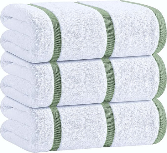 White Classic Cotton Pool Towels Oversized 35 x 70 Inches, Ultra Absorbent and Low Lint Striped Beach Towels for Adults, Stripes Design Luxury Extra Large Bath Towels, Green, 3 Pack