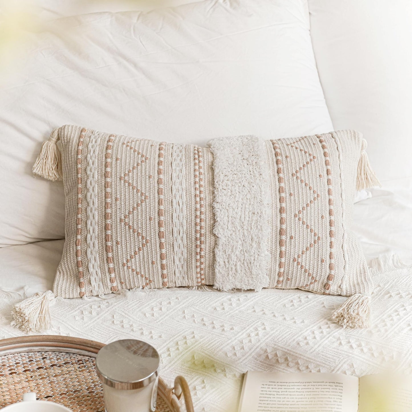 BlissBlush Decorative Lumbar Throw Pillow Cover 12x20 Cream Neutral White Rectangular Boho Accent Pillowcase Farmhouse Cushion for Couch Sofa Bedroom Living Home Décor (Cover ONLY, Pack of 1)