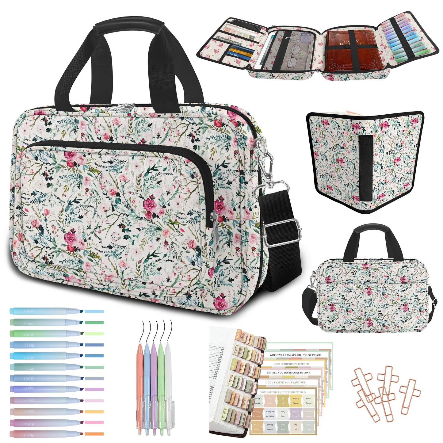 IBOVODI Pink Floral Bible Cover Case for Women, Cute Flower Large Bible Bag Book Carrying Bag with Strap Handle Zipper Pockets, Pens and Highlighters Cross Clips for Bible Study & Church