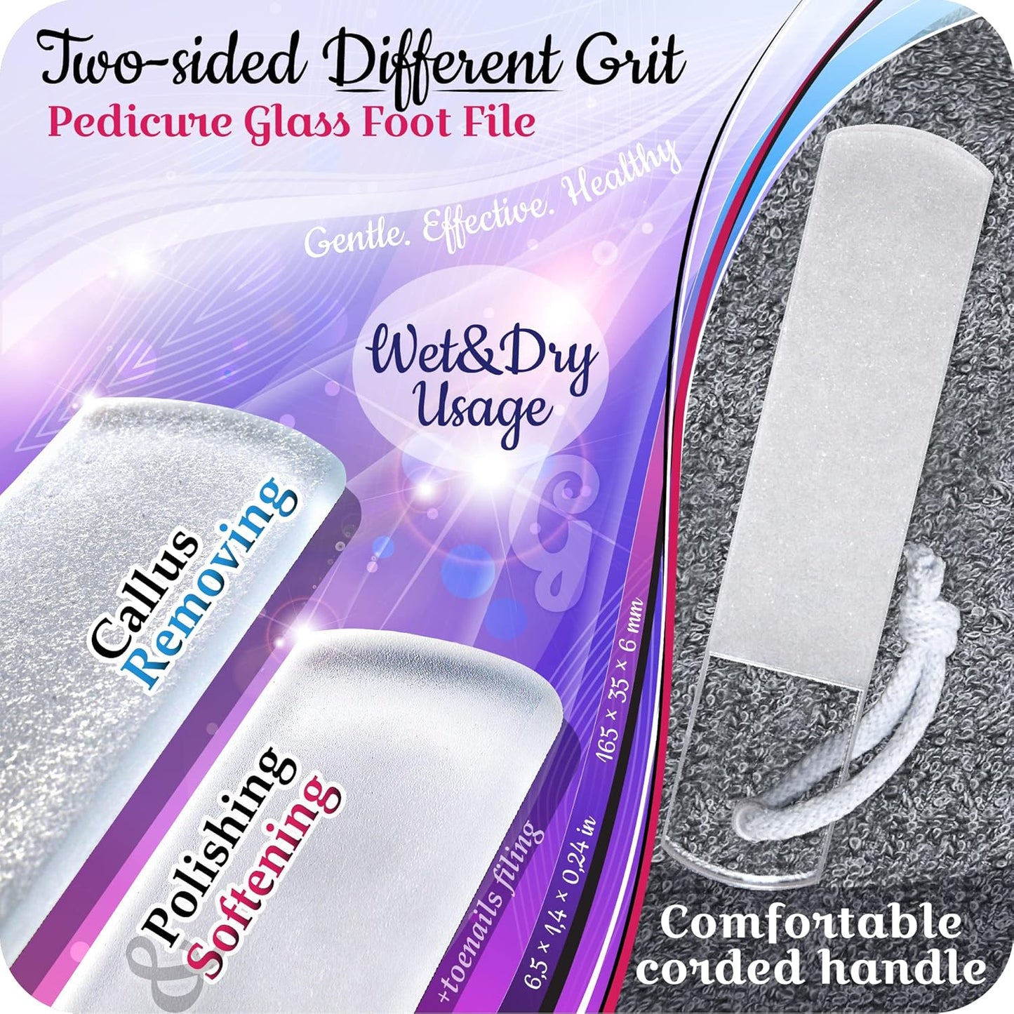 Genuine Czech Glass Nail File Set by GLADZY - Callus Remover Foot Rasp, Cuticle Pusher Manicure Stick, Double Sided Etched Different Grit Surface, Professional Nail Care Tool Kit, Made in EU