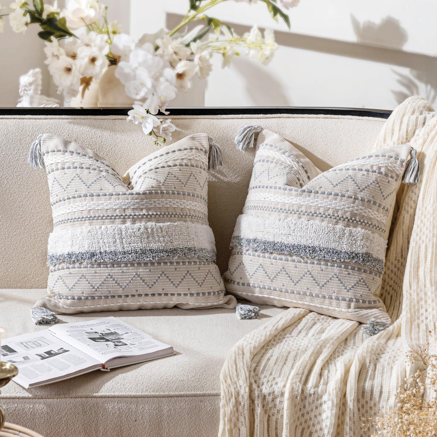 BlissBlush Gray Decorative Throw Pillow Cover 20x20 Combo Set of 2 Square Boho Neutral Grey Accent Pillowcase Tassels Farmhouse Cushion for Couch Sofa Bedroom Living Room Home Décor Cover ONLY