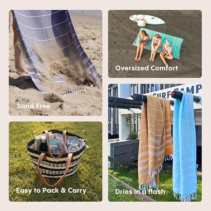 WETCAT Turkish Beach Towel Oversized (38"x71") 100% Turkish Cotton, Made in Turkey - Sand Free, Extra Large, Ultra Soft, Quick Drying, Compact & Lightweight for Travel - Denim Blue