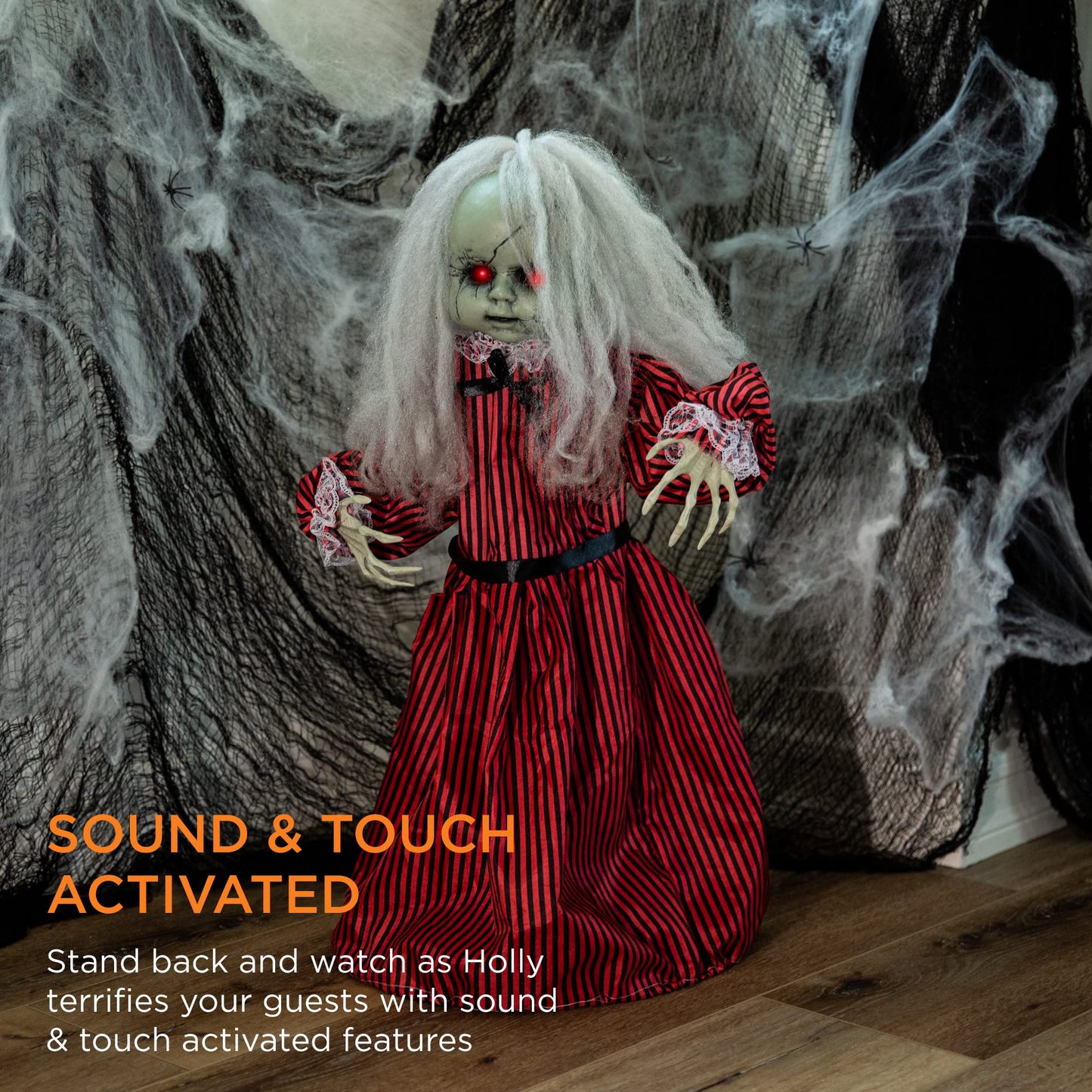 Best Choice Products Animatronic Roaming Creepy Doll Halloween Decoration, Haunted Holly Sound Activated Holiday Prop w/Light-Up LED Eyes, Pre-Recorded Phrases