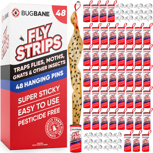 Fly Strips Indoor Sticky Hanging 48pk with Pins. Non Toxic Outdoor Fly Trap Indoor for Home. Flies Tape Paper Trap Ribbon Roll for House Gnat Fruit and Housefly. Bug Catchers for Inside Home Flypaper.