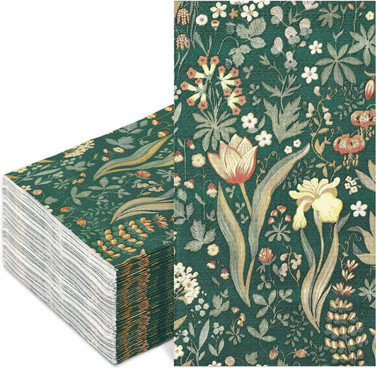 80Pcs Vintage Floral Guest Napkins Green Flower Disposable Paper Napkins Retro Plants Dinner Hand Towels for Party Supplies Table Decorations