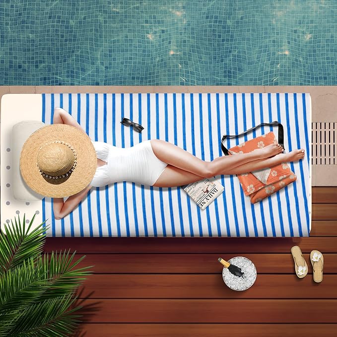 JML Microfiber Beach Towels Cabana Stripe, 2 Pack, 30" x 60", Quick Drying Bath Towel Set for Adult, Absorbent, Use for Travel, Sport, Swimming, Pool, Yoga, Camping, Micro Fiber StripeBlue