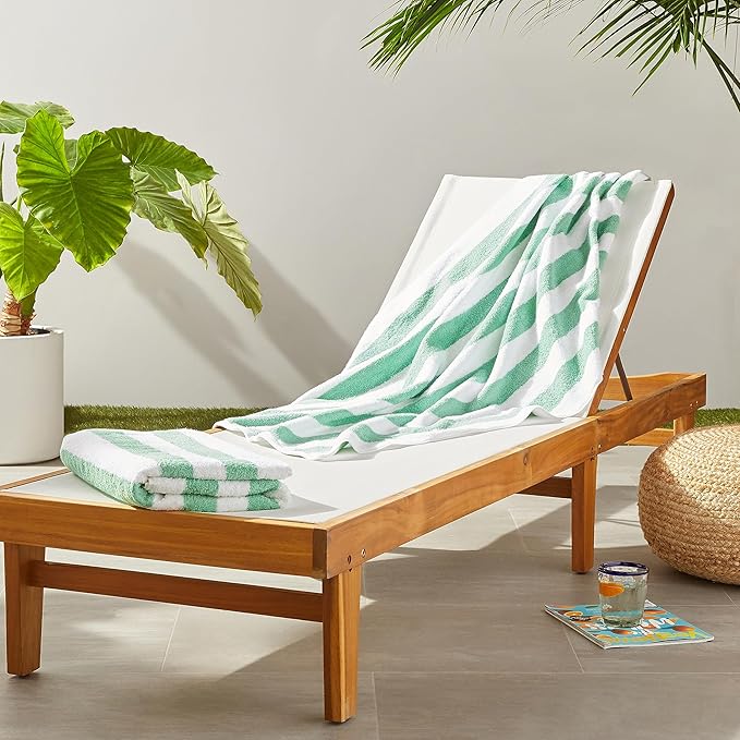 Amazon Basics 100% Cotton Terry Beach Towel, Soft & Absorbent, Quick Drying, Cabana Stripe, Large 30" x 60", Green, 2-Pack
