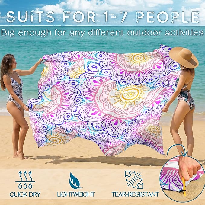 BYDOLL Beach Blanket Waterproof Sandproof 78''×110'' Suits1-7 Adults Compact Lightweight Oversized Sand-Free Blanket Large Picnic Mat for Beach Travel Camping Hiking
