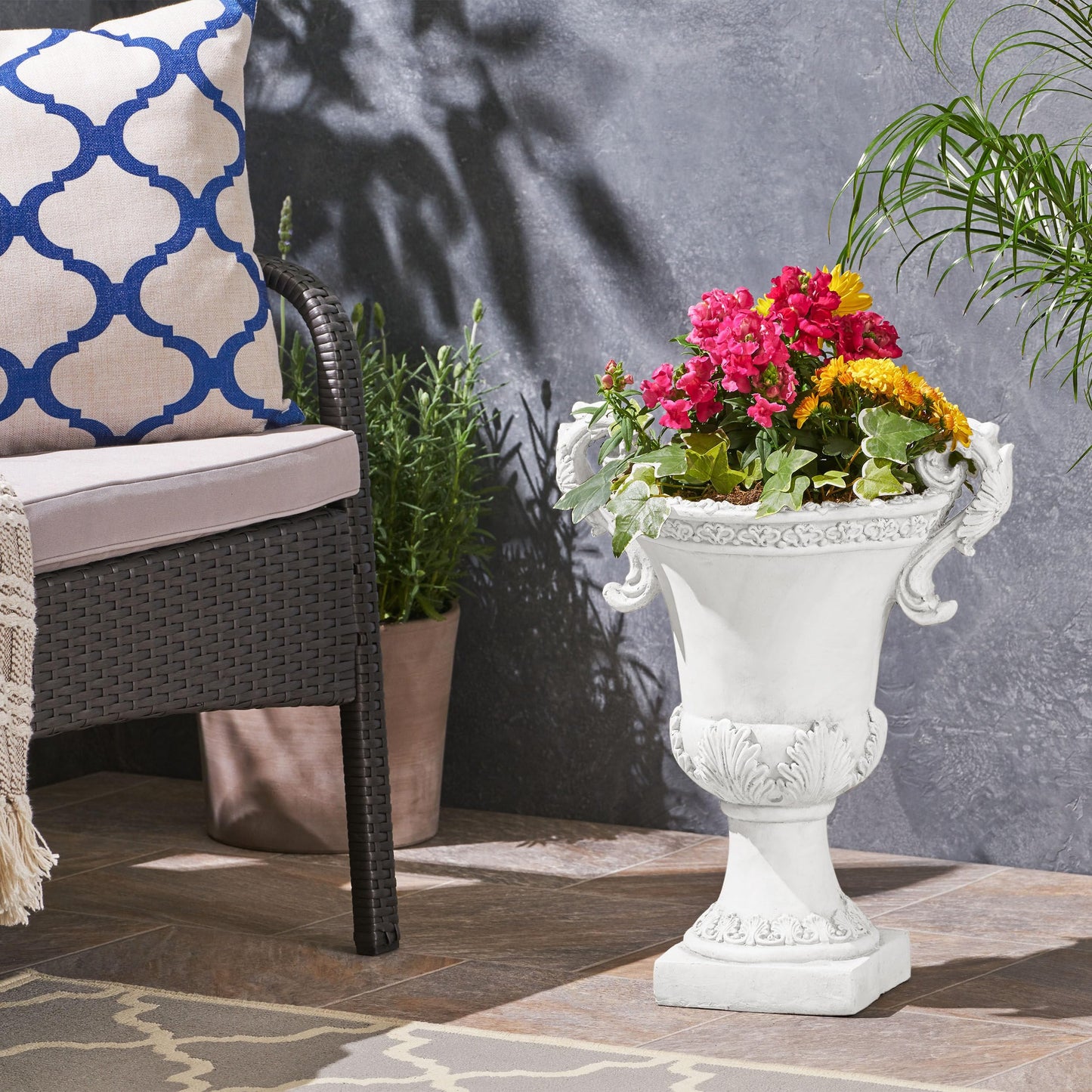 Christopher Knight Home Jorine Patio Planter, Light Concrete Planter, Mid-Centry Gadern Urn, Floral Relif Design, Large Garden Pot, Flower Urn with Drainage Hole for Backyard Home, Antique White