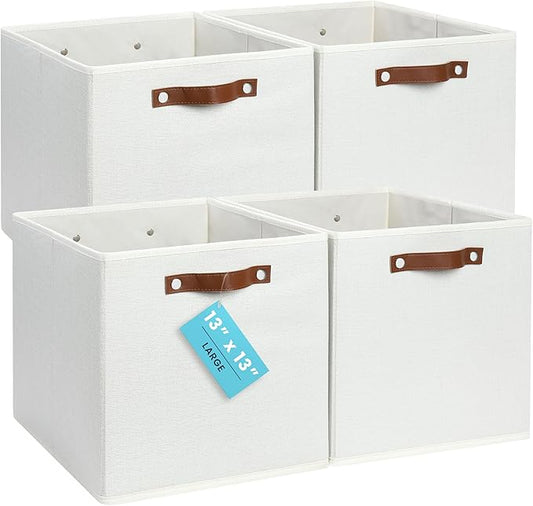 OrganiHaus 13" x 13" x 13" Cube Fabric Storage Bins Set of 4, Canvas Storage Cubes w/ Vegan Handles, 13 inch Collapsible Bins for Clothes & Toy Organizer, 13x13 Basket for Decor - White