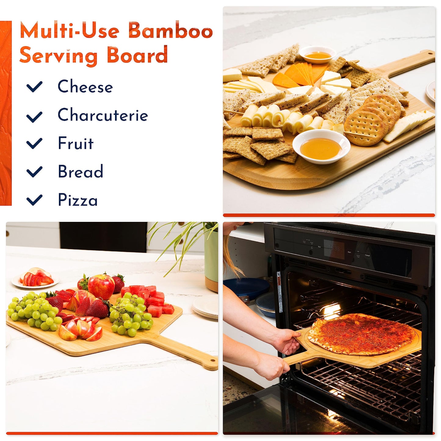 Loftern Wooden Pizza Peel 16 Inch Board with Engraved Sizes - Multi-Purpose Bamboo Pizza Cutting Board, Wood Pizza Peel, Pizza Spatula Paddle, and Serving Board with Size and Cutting Guide