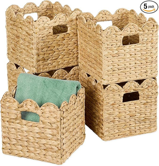 Best Choice Products 13 x 13in Scalloped Hyacinth Baskets, Rustic Set Of 5 Multipurpose Collapsible Storage Organizer, Handwoven Laundry Totes for Bedroom, Living Room, Shelves - Natural