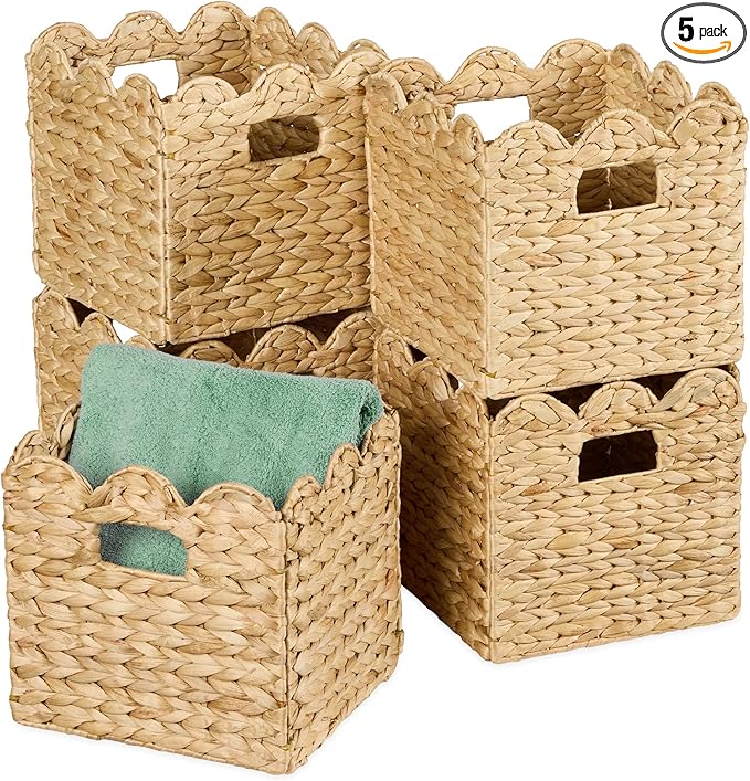 Best Choice Products 12 x 12in Scalloped Hyacinth Baskets, Rustic Set Of 5 Multipurpose Collapsible Storage Organizer, Handwoven Laundry Totes for Bedroom, Living Room, Shelves â Natural