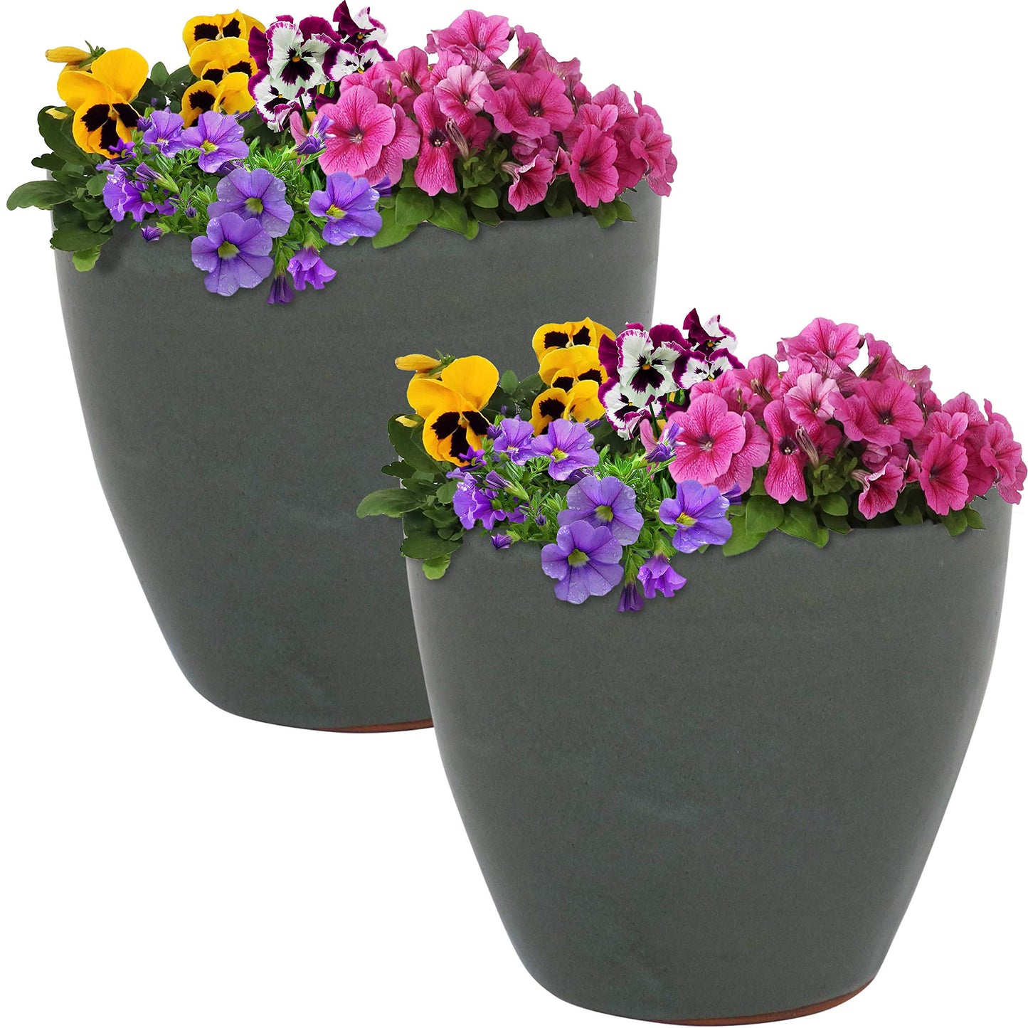 Sunnydaze Resort Round Ceramic Planter - Set of 2 Indoor or Outdoor Plant Pots with Drainage Hole - 8" - Gray Glaze"