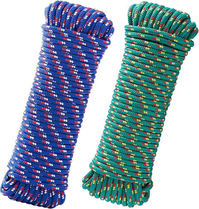100 ft 3/8 Inch Diamond Braided Polypropylene Rope, Poly Clothesline, All-Purpose Utility Cord Tie Down Ropes for Craft Marine Boat Camping Indoor Outdoor, Green&Blue