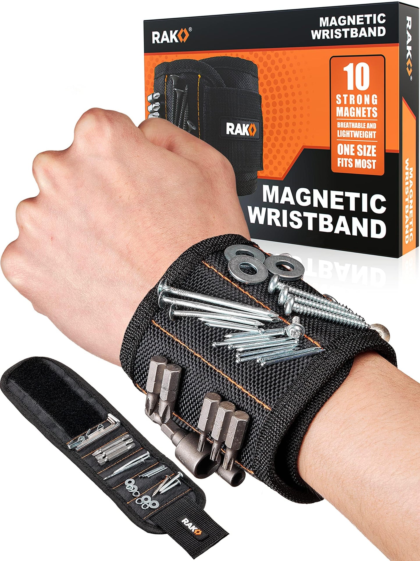 RAK Magnetic Wristband for Holding Screws, Nails, Drill Bits for Men - Premium Nylon with Lightweight Powerful Magnets, Magnetic Wristband for Tools, Gifts for Dad, Husband, Grandpa, Handyman